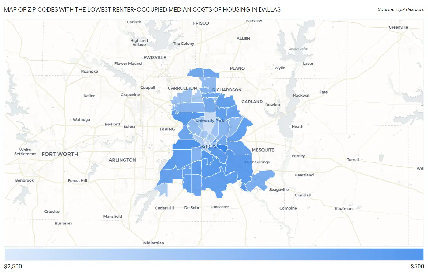 Zip Codes with the Lowest Renter-Occupied Median Costs of Housing in Dallas Map