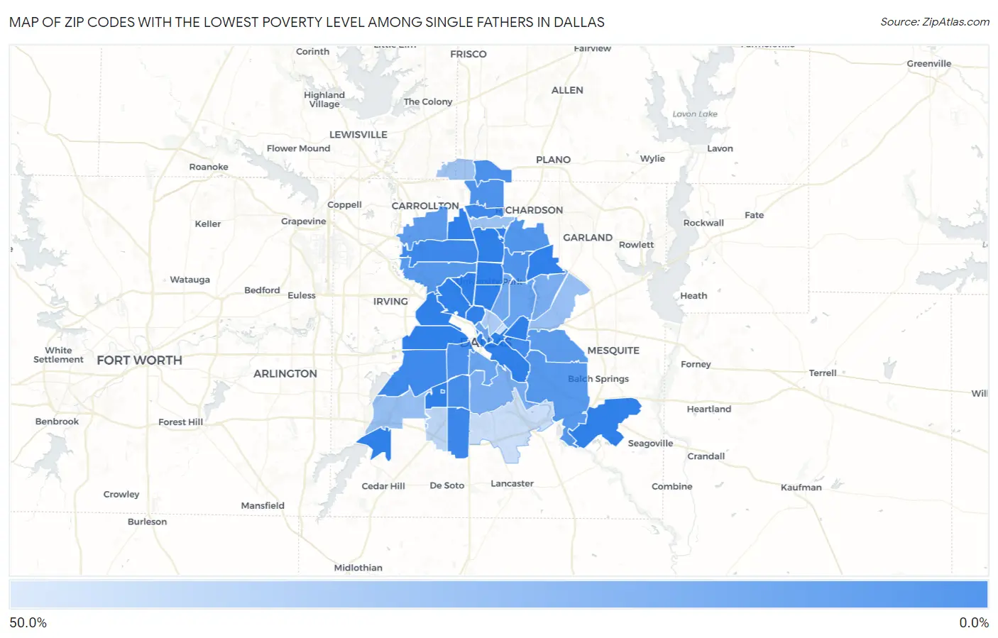 Zip Codes with the Lowest Poverty Level Among Single Fathers in Dallas Map