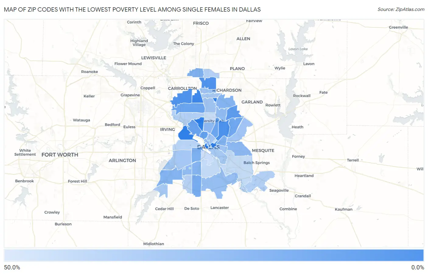 Zip Codes with the Lowest Poverty Level Among Single Females in Dallas Map