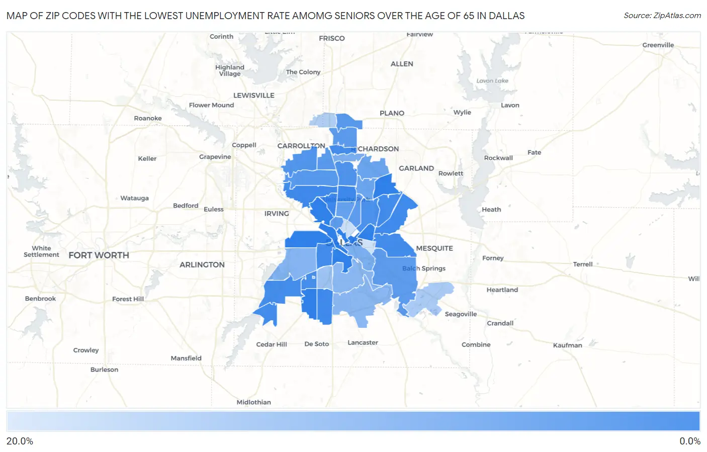 Zip Codes with the Lowest Unemployment Rate Amomg Seniors Over the Age of 65 in Dallas Map