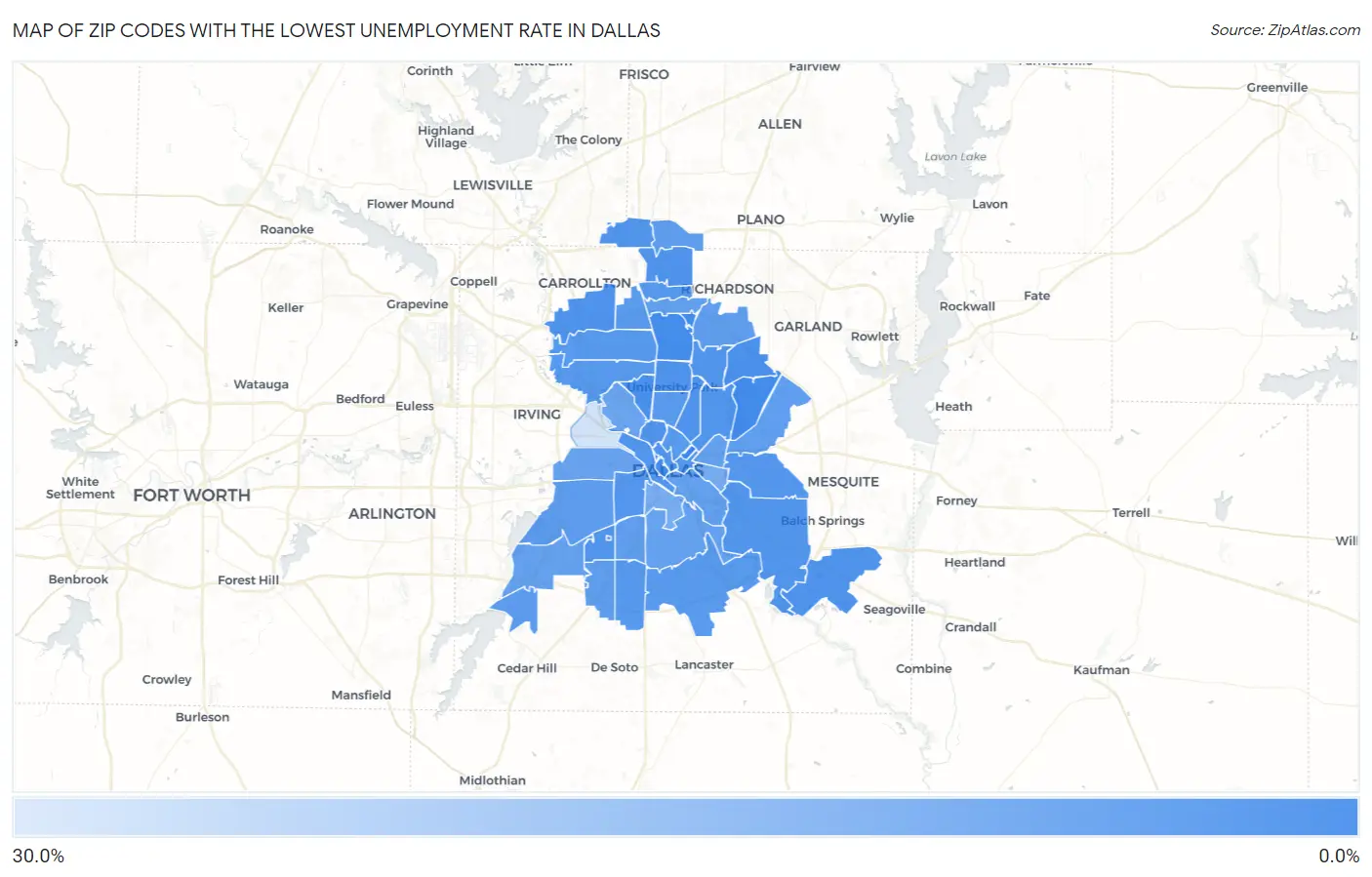 Zip Codes with the Lowest Unemployment Rate in Dallas Map