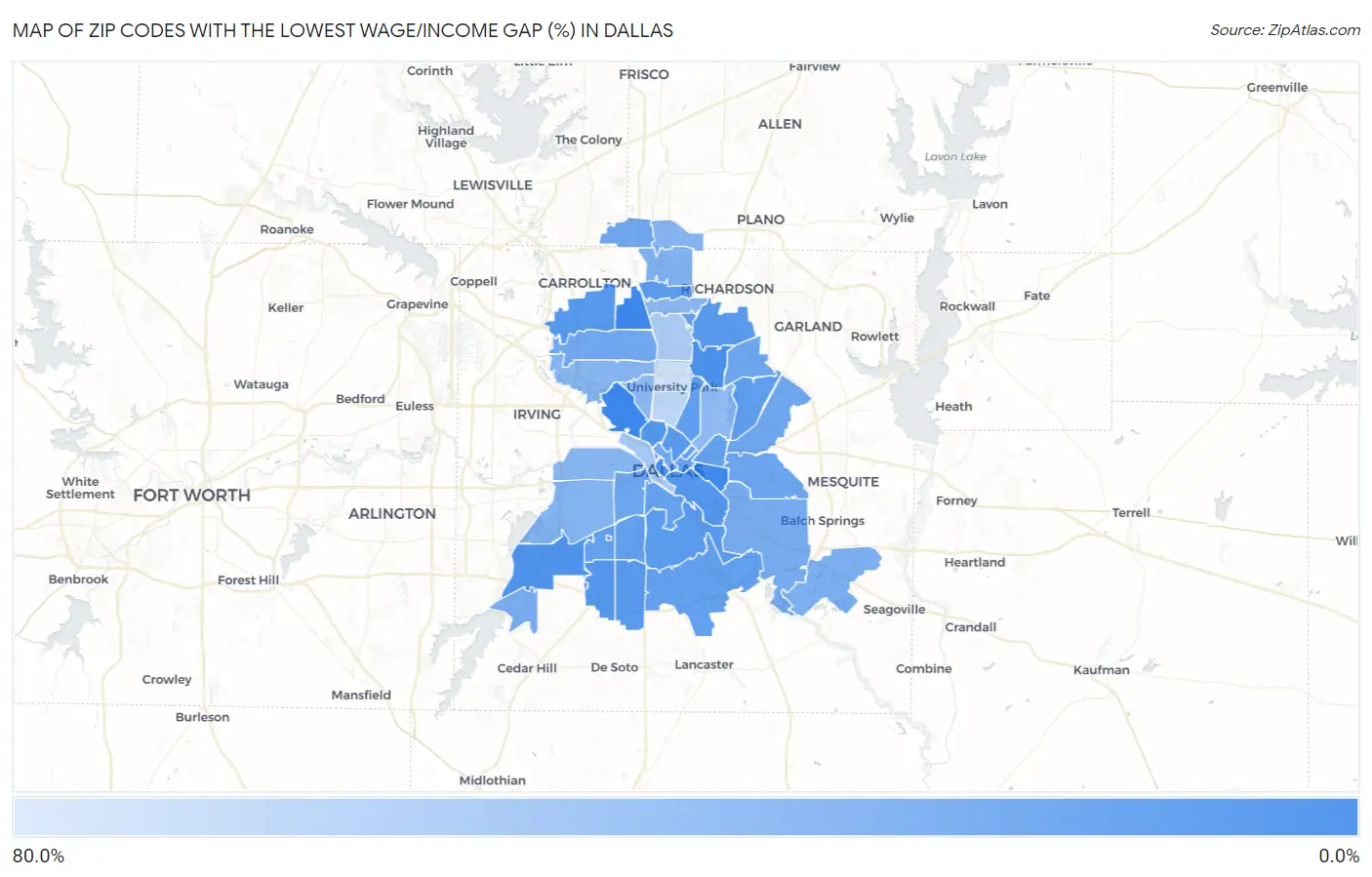 Zip Codes with the Lowest Wage/Income Gap (%) in Dallas Map