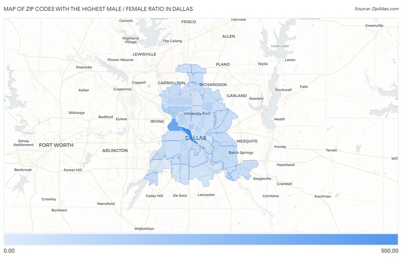 Zip Codes with the Highest Male / Female Ratio in Dallas Map