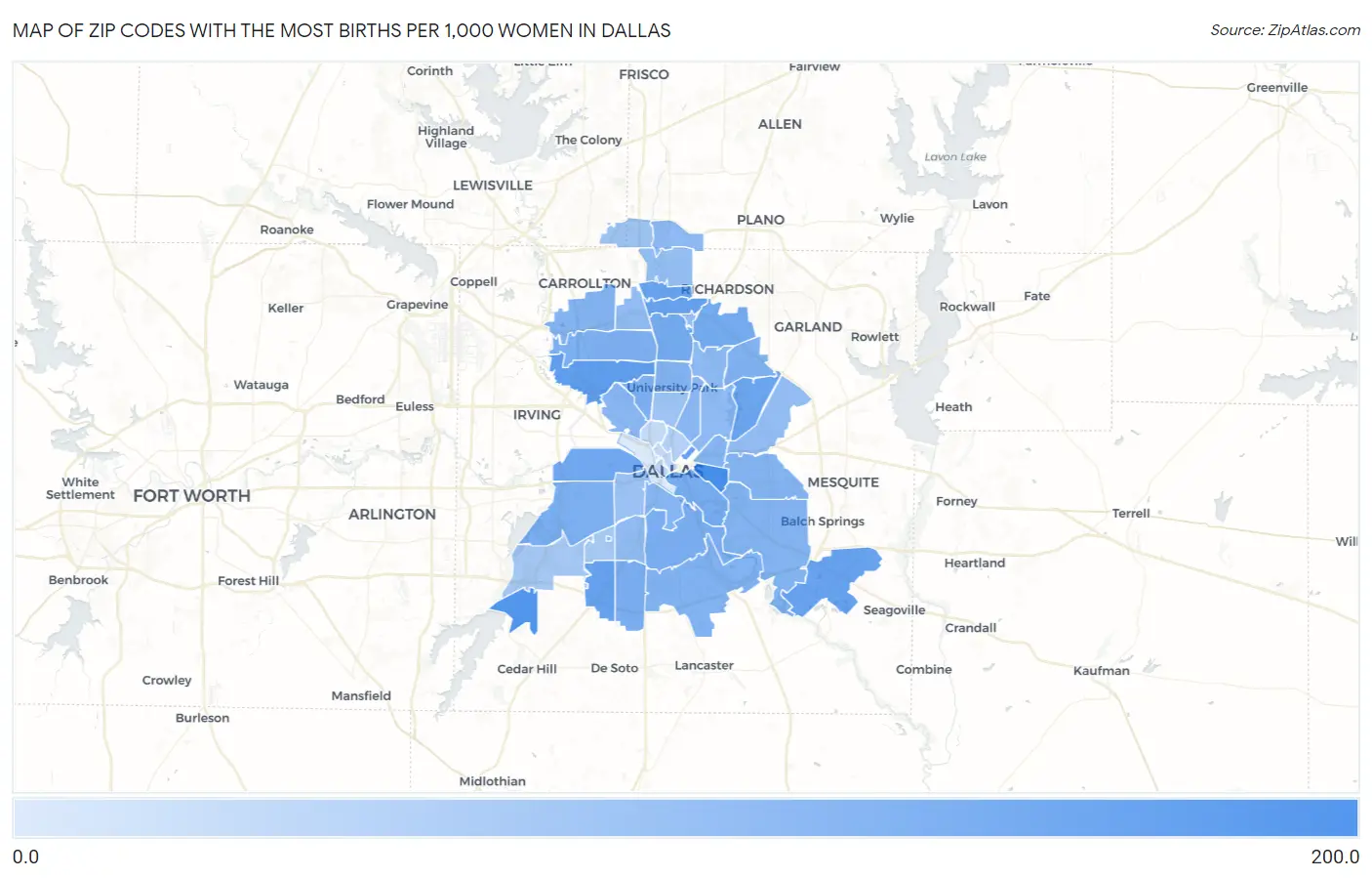 Zip Codes with the Most Births per 1,000 Women in Dallas Map