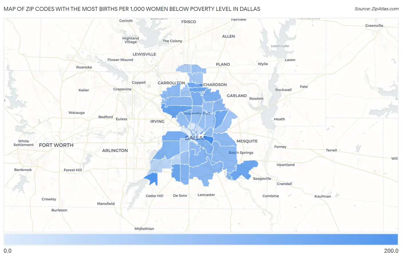 Zip Codes with the Most Births per 1,000 Women Below Poverty Level in Dallas Map