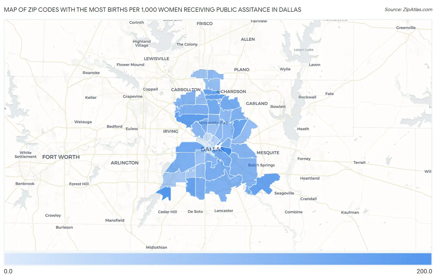 Zip Codes with the Most Births per 1,000 Women Receiving Public Assitance in Dallas Map