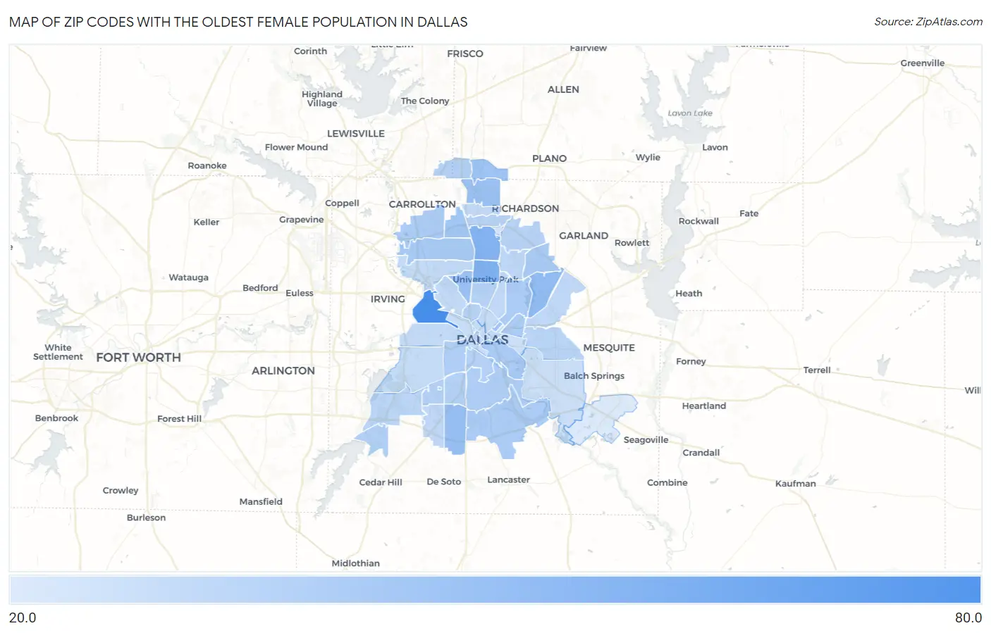 Zip Codes with the Oldest Female Population in Dallas Map