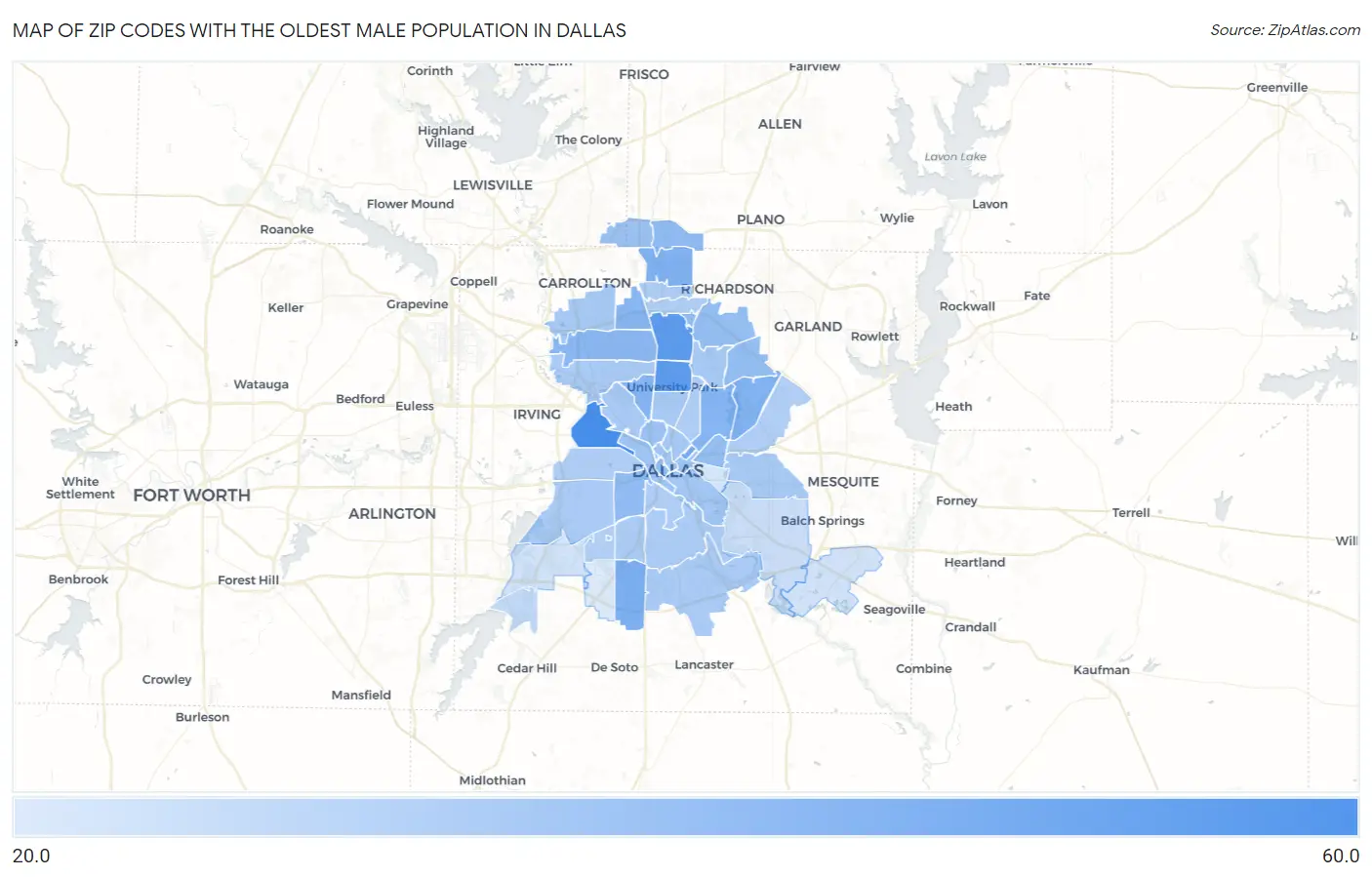 Zip Codes with the Oldest Male Population in Dallas Map
