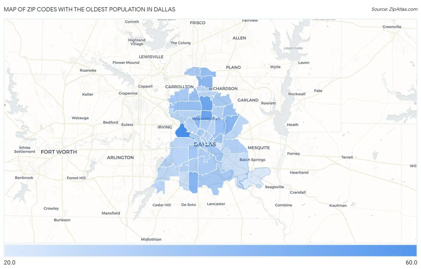 Zip Codes with the Oldest Population in Dallas Map
