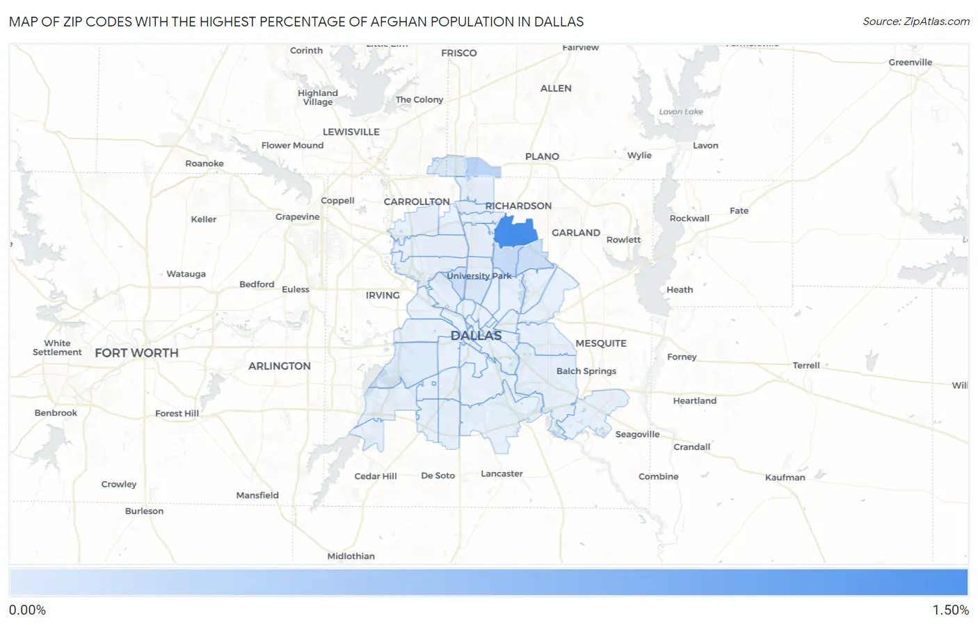Zip Codes with the Highest Percentage of Afghan Population in Dallas Map