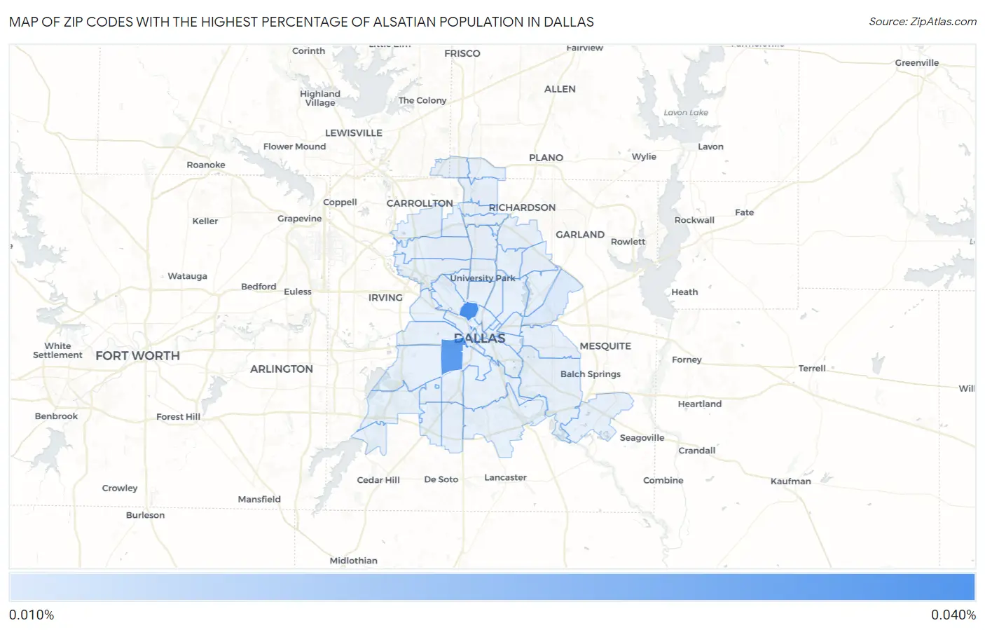 Zip Codes with the Highest Percentage of Alsatian Population in Dallas Map