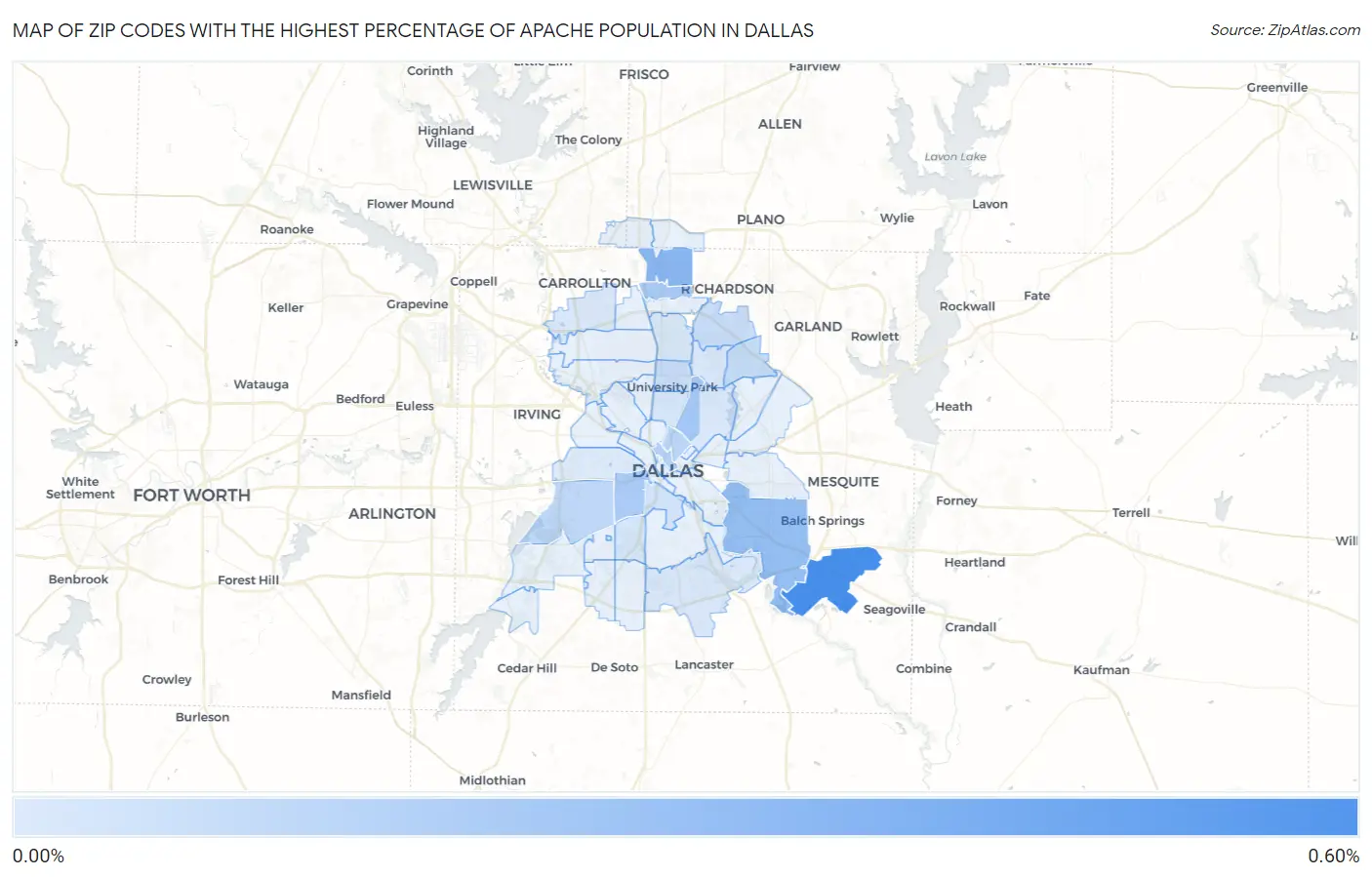 Zip Codes with the Highest Percentage of Apache Population in Dallas Map