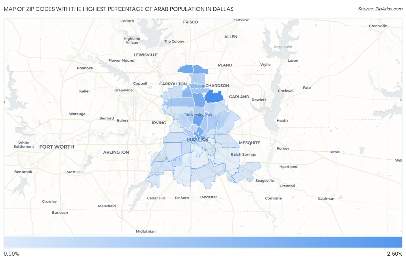 Zip Codes with the Highest Percentage of Arab Population in Dallas Map