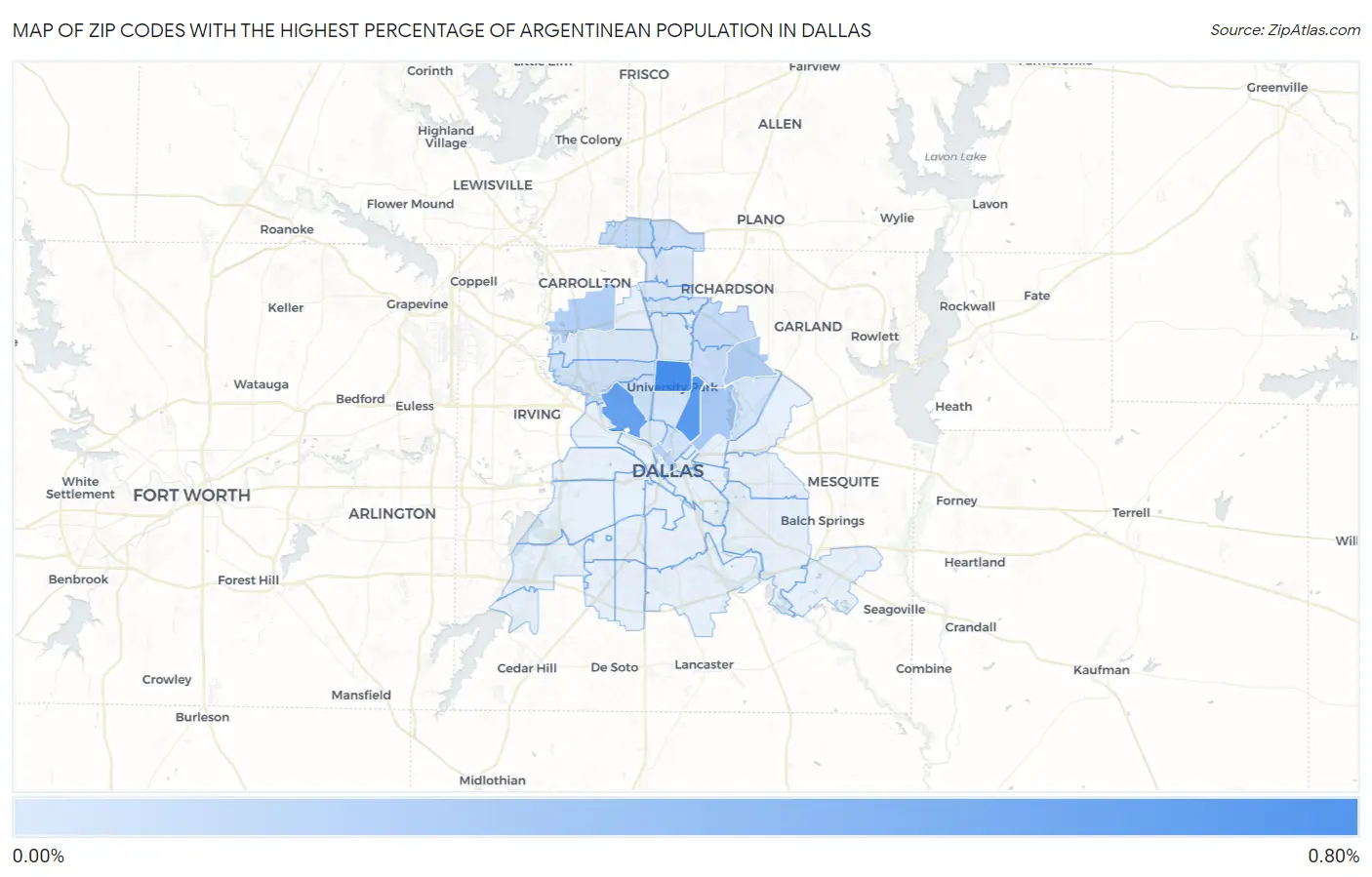 Zip Codes with the Highest Percentage of Argentinean Population in Dallas Map