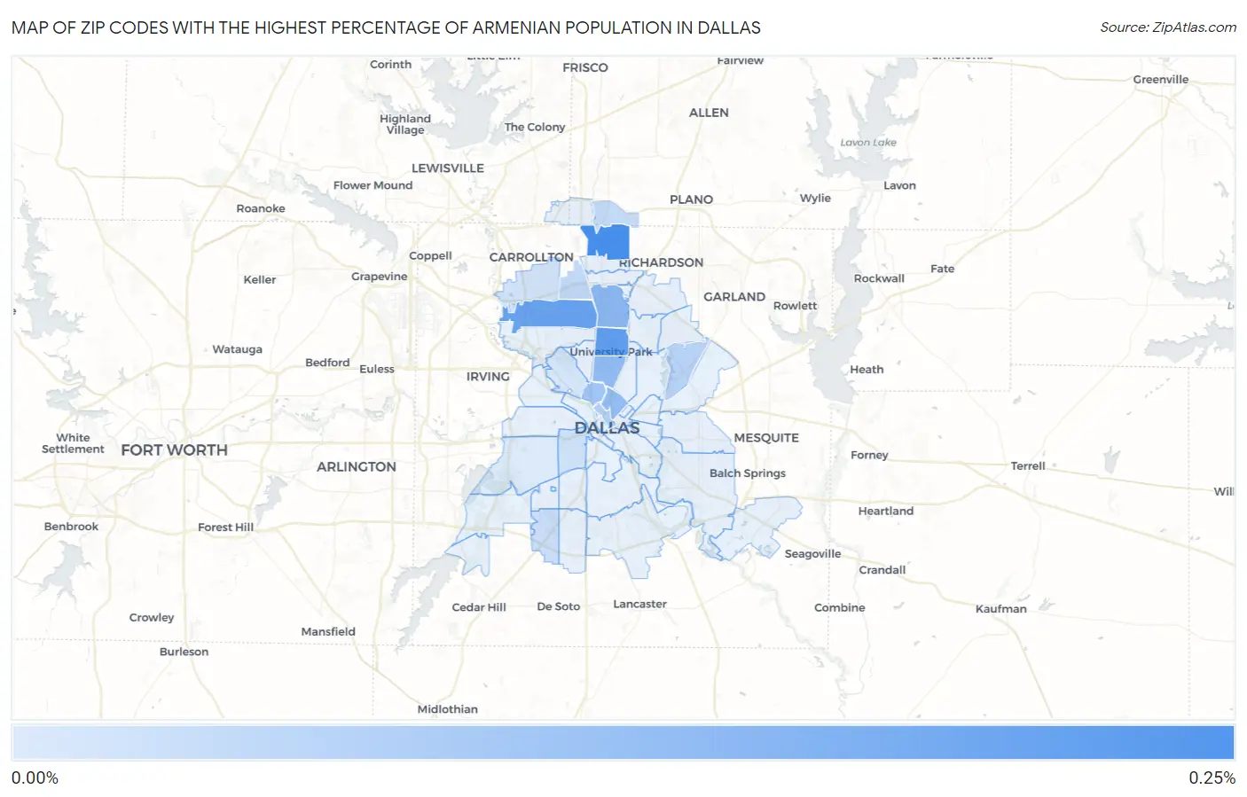Zip Codes with the Highest Percentage of Armenian Population in Dallas Map