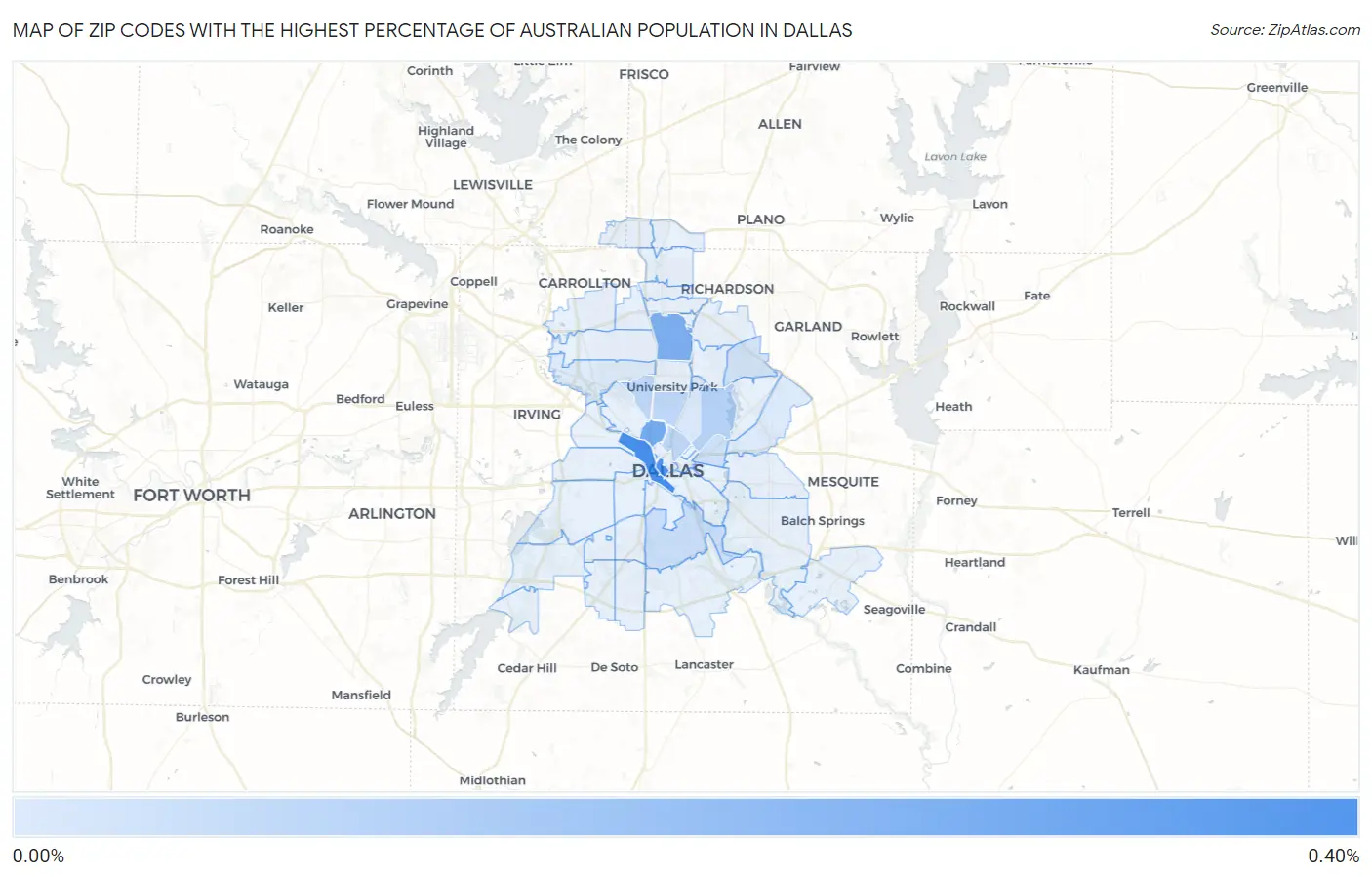 Zip Codes with the Highest Percentage of Australian Population in Dallas Map