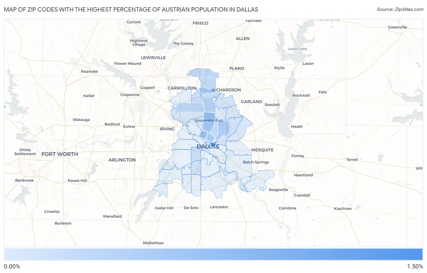 Zip Codes with the Highest Percentage of Austrian Population in Dallas Map
