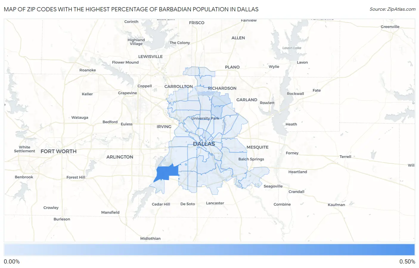 Zip Codes with the Highest Percentage of Barbadian Population in Dallas Map