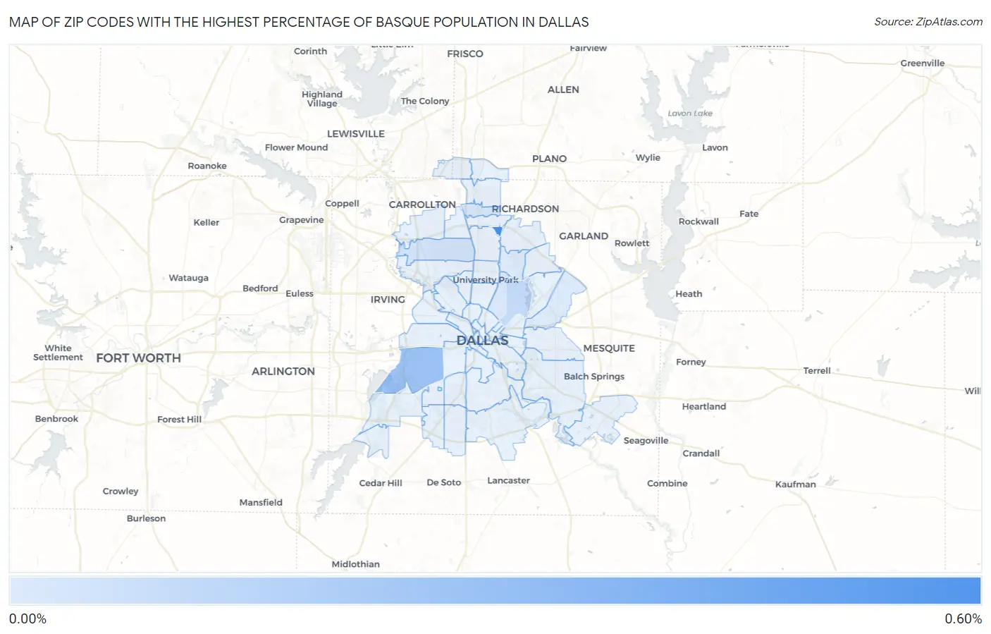 Zip Codes with the Highest Percentage of Basque Population in Dallas Map