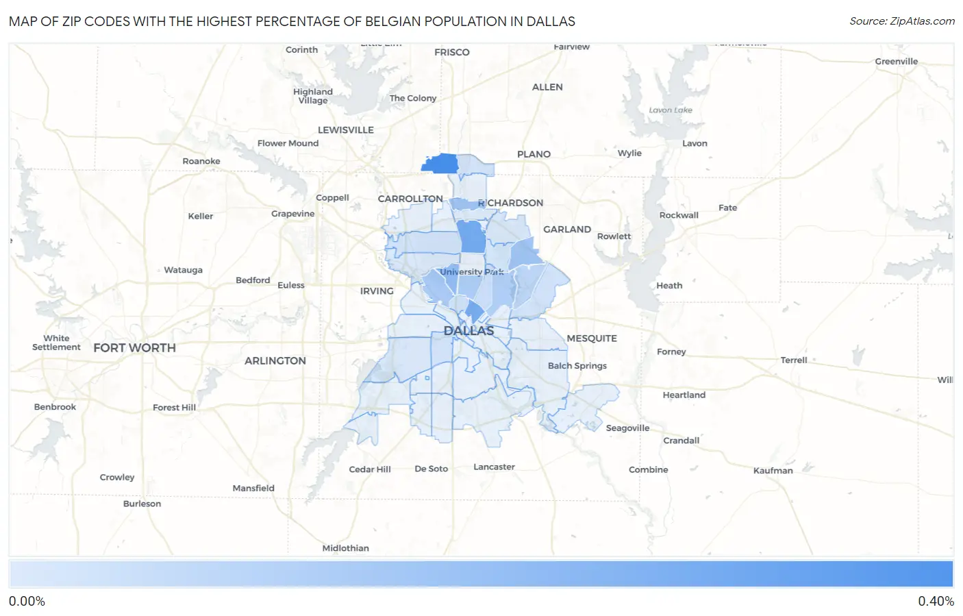 Zip Codes with the Highest Percentage of Belgian Population in Dallas Map