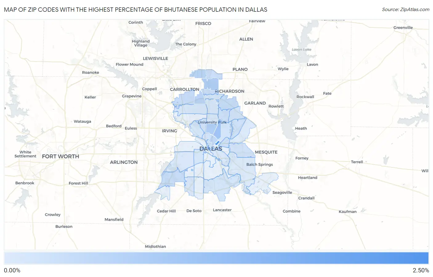 Zip Codes with the Highest Percentage of Bhutanese Population in Dallas Map