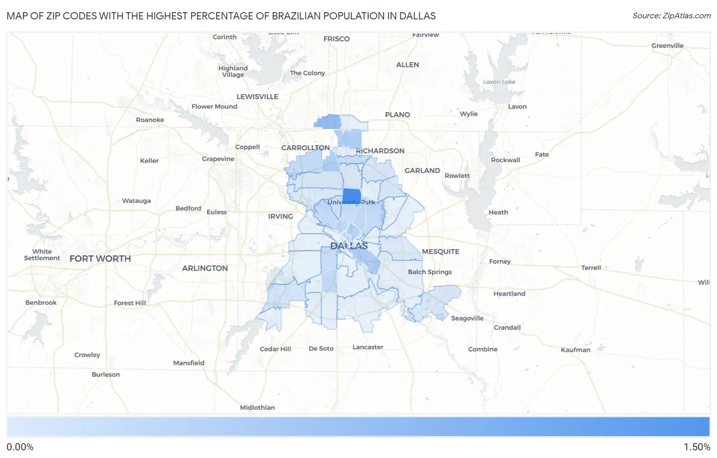 Zip Codes with the Highest Percentage of Brazilian Population in Dallas Map