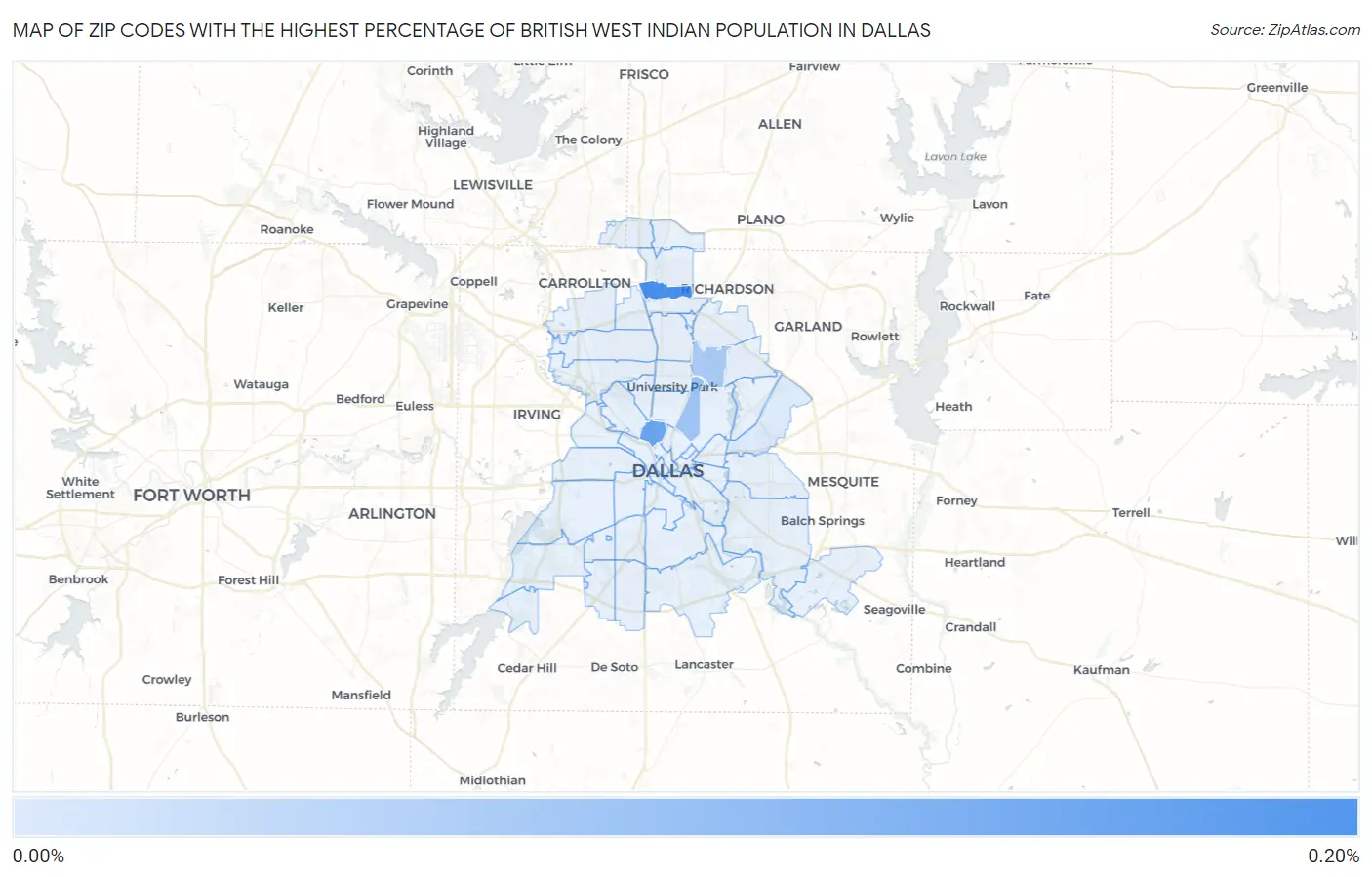 Zip Codes with the Highest Percentage of British West Indian Population in Dallas Map