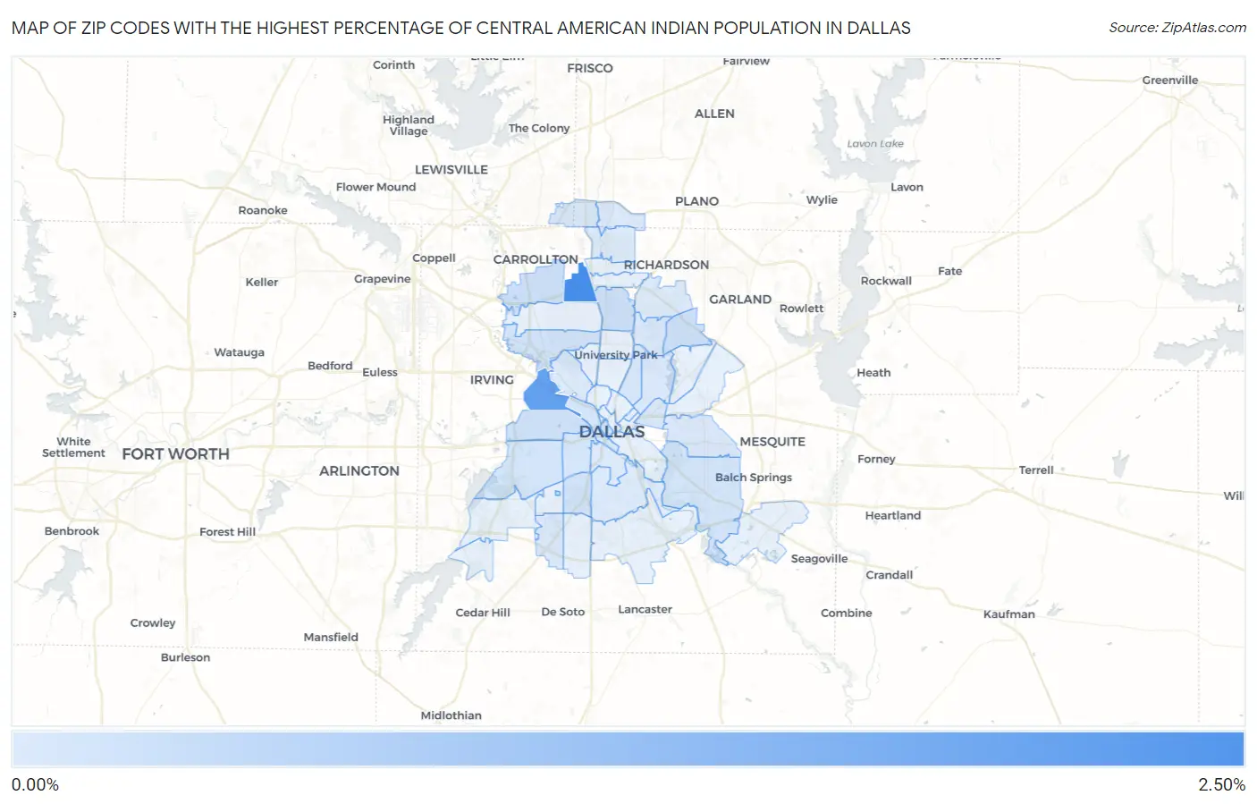 Zip Codes with the Highest Percentage of Central American Indian Population in Dallas Map
