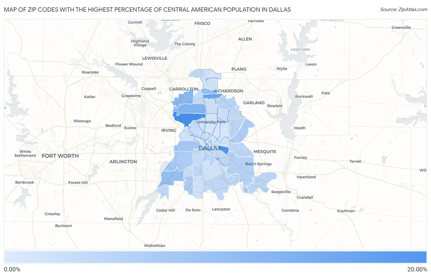 Zip Codes with the Highest Percentage of Central American Population in Dallas Map