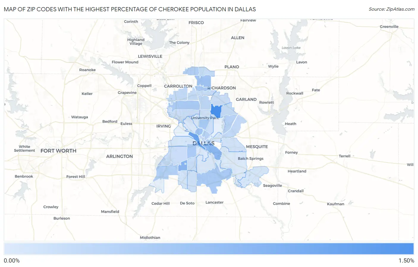Zip Codes with the Highest Percentage of Cherokee Population in Dallas Map
