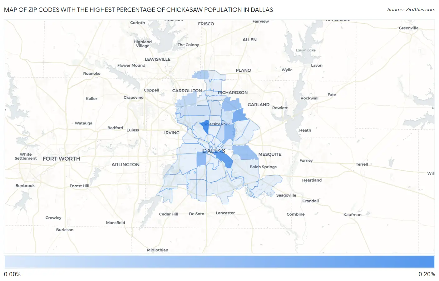 Zip Codes with the Highest Percentage of Chickasaw Population in Dallas Map