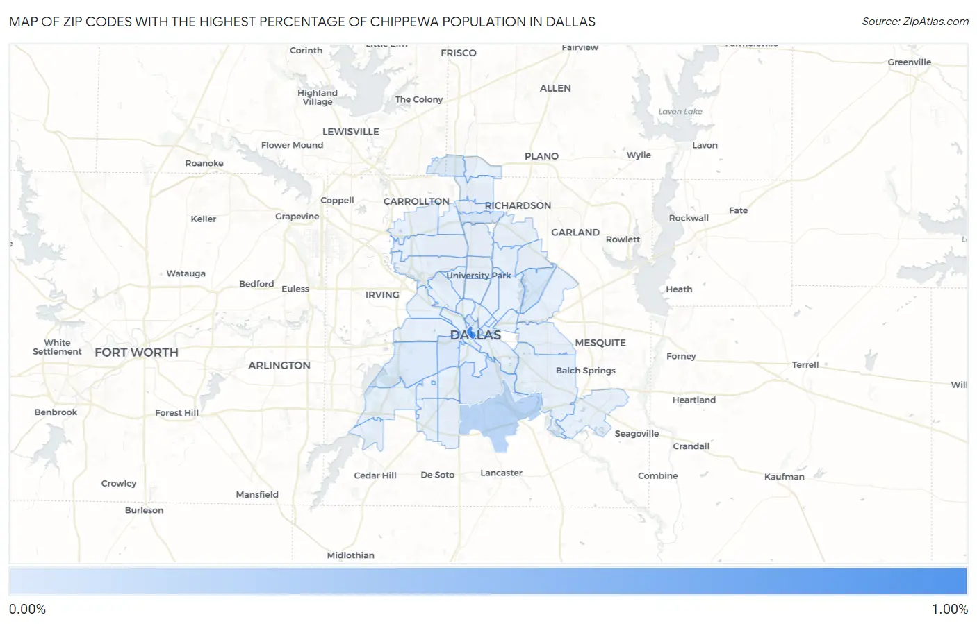 Zip Codes with the Highest Percentage of Chippewa Population in Dallas Map