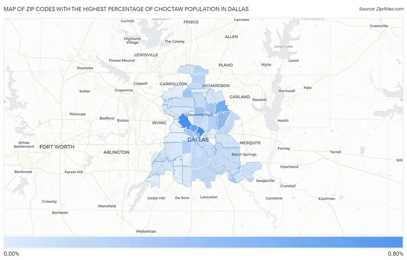 Zip Codes with the Highest Percentage of Choctaw Population in Dallas Map