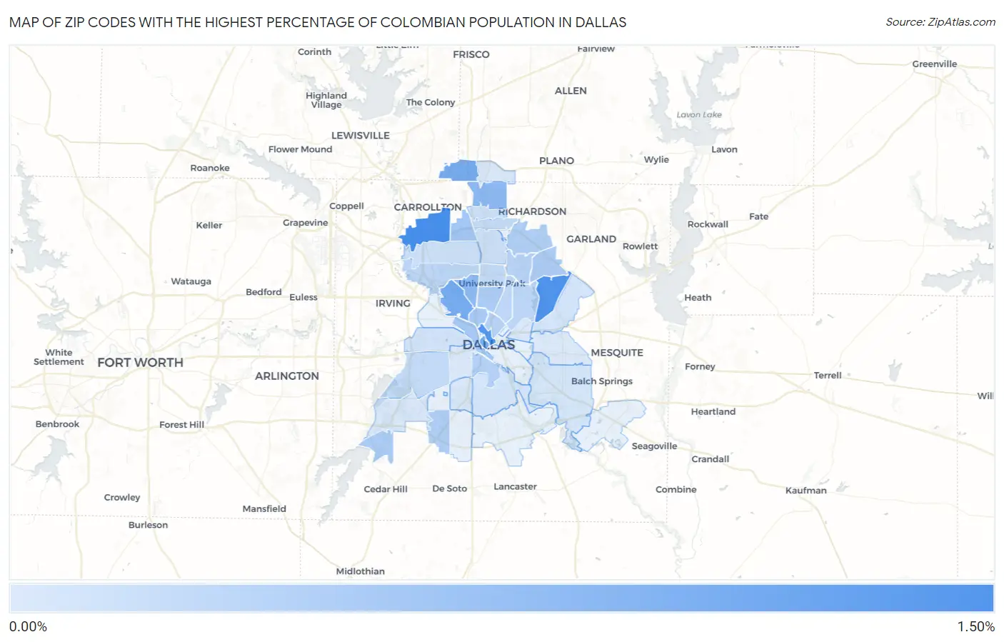 Zip Codes with the Highest Percentage of Colombian Population in Dallas Map