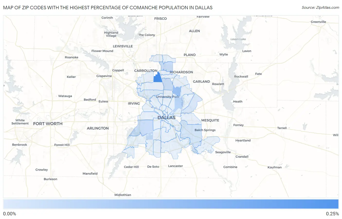 Zip Codes with the Highest Percentage of Comanche Population in Dallas Map
