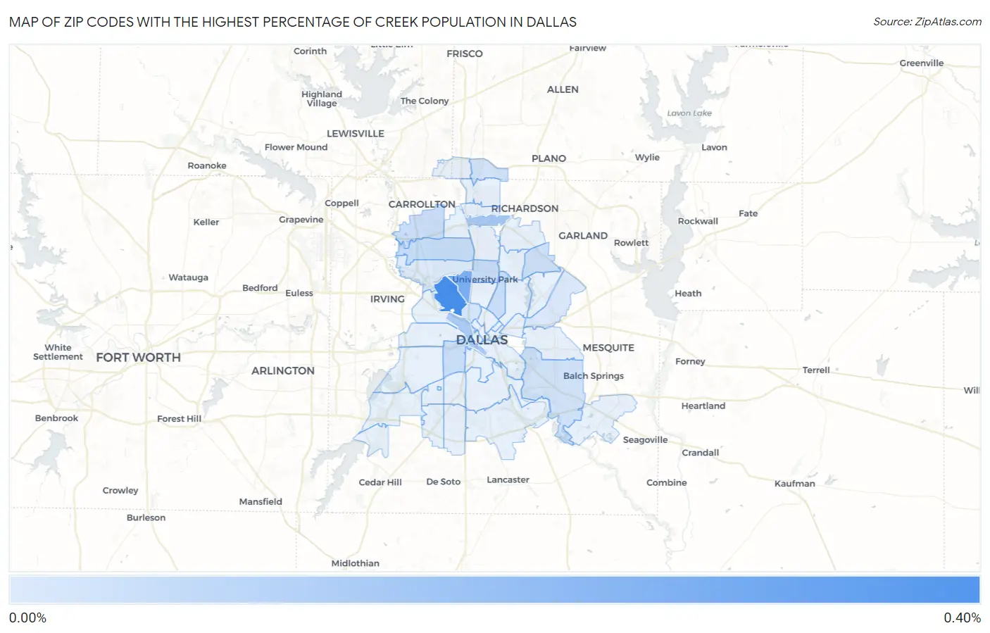 Zip Codes with the Highest Percentage of Creek Population in Dallas Map