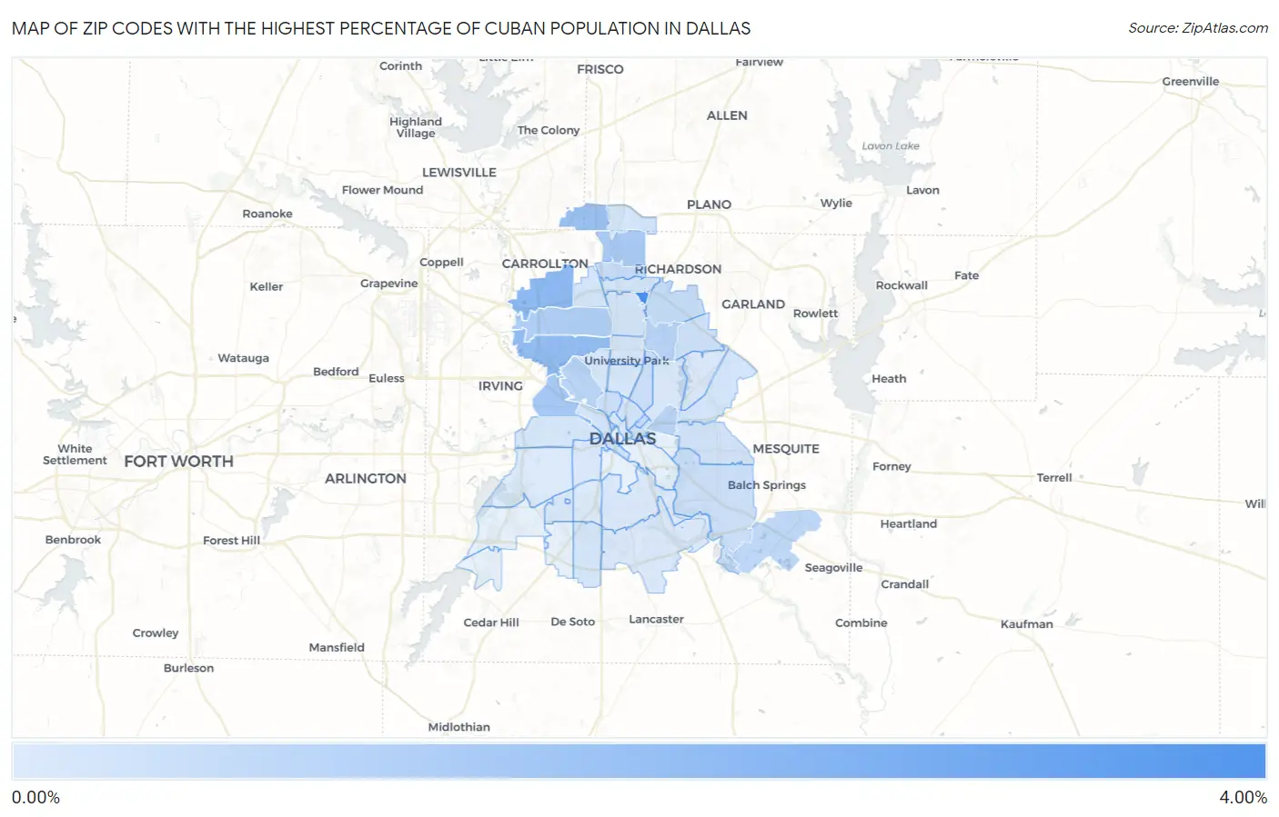Zip Codes with the Highest Percentage of Cuban Population in Dallas Map