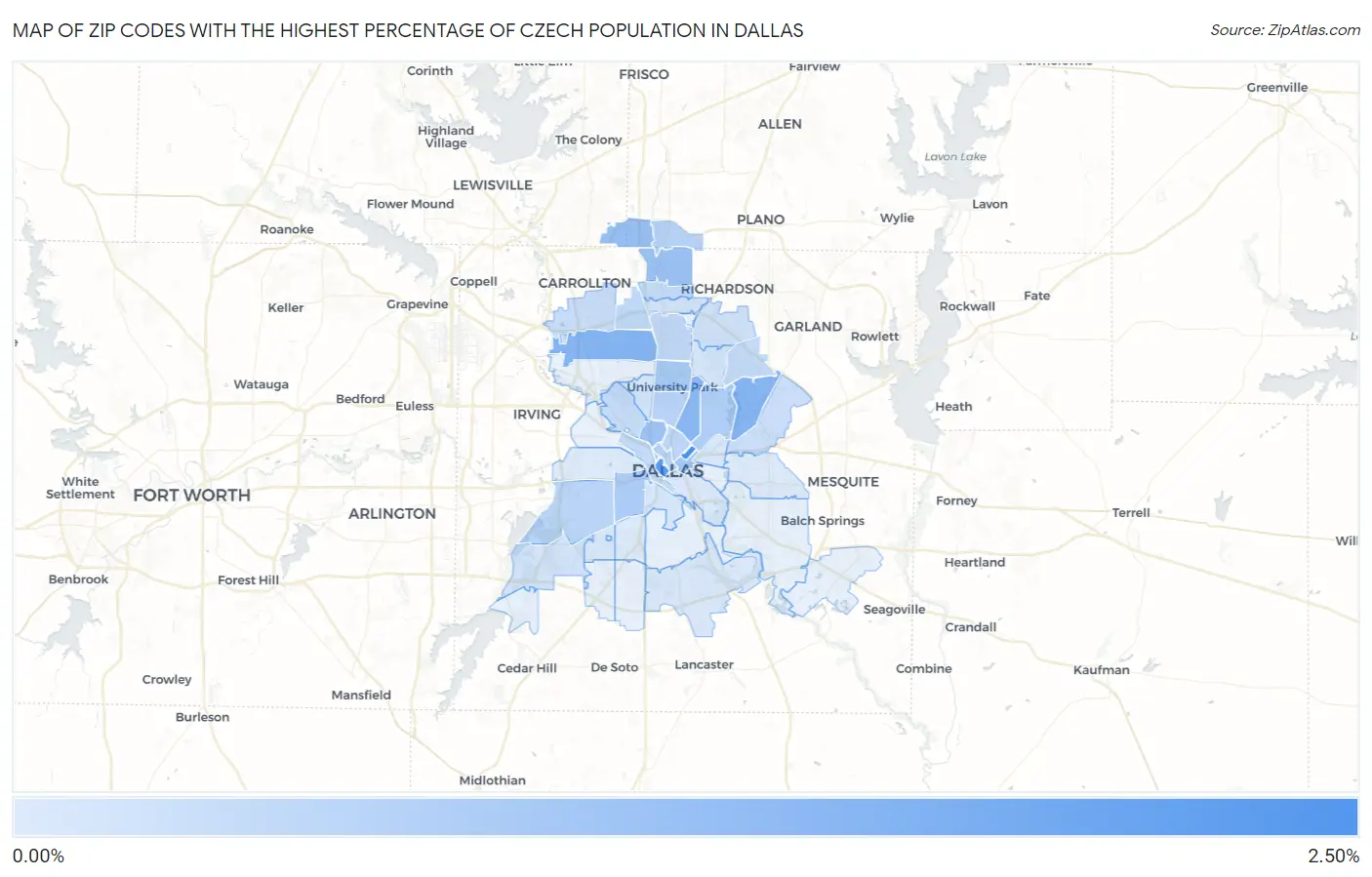 Zip Codes with the Highest Percentage of Czech Population in Dallas Map