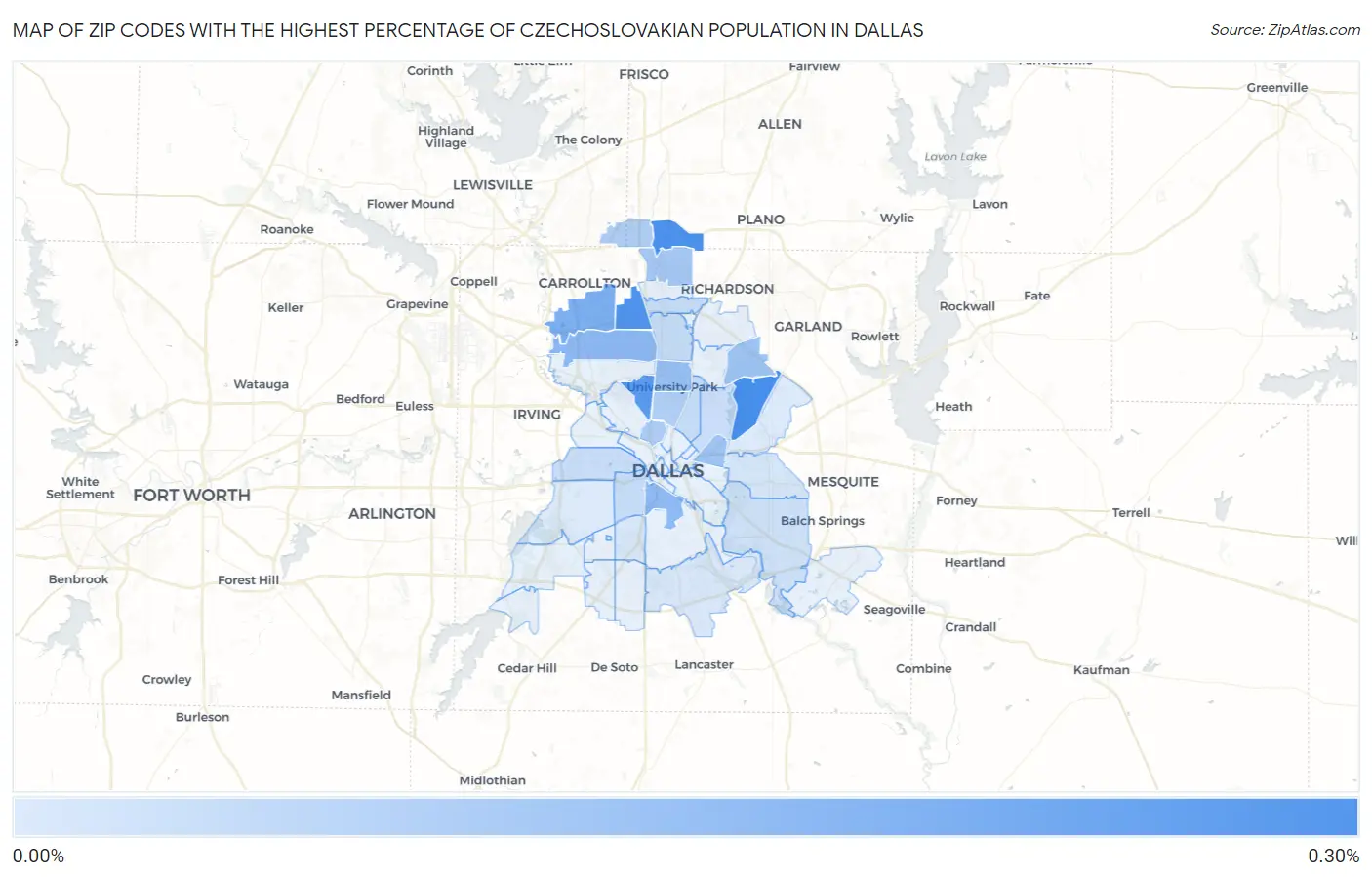 Zip Codes with the Highest Percentage of Czechoslovakian Population in Dallas Map