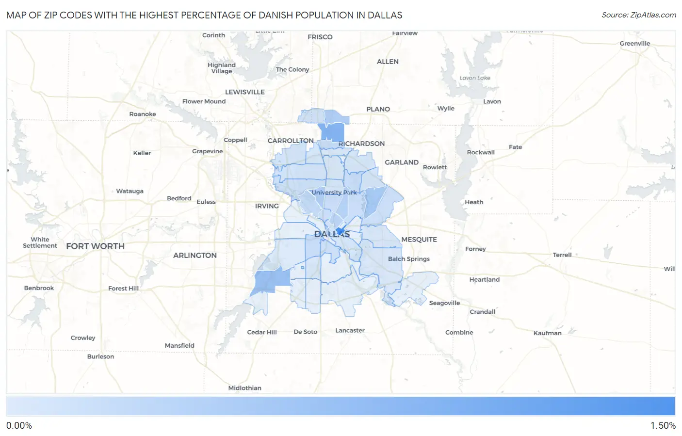 Zip Codes with the Highest Percentage of Danish Population in Dallas Map