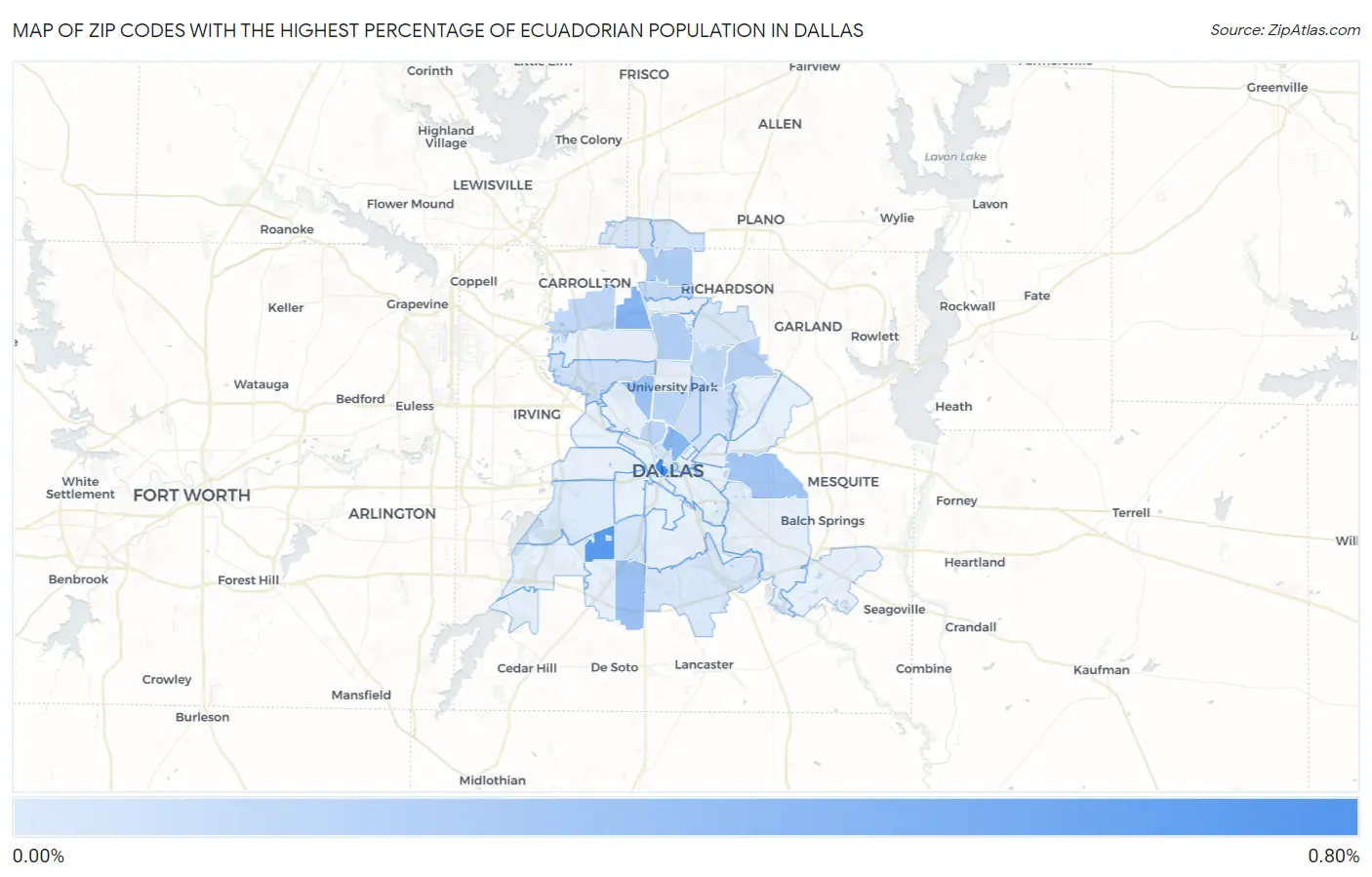 Zip Codes with the Highest Percentage of Ecuadorian Population in Dallas Map