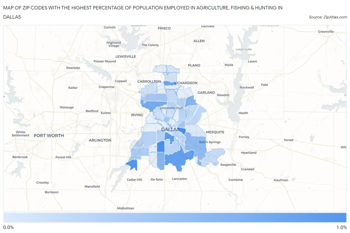 Zip Codes with the Highest Percentage of Population Employed in Agriculture, Fishing & Hunting in Dallas Map