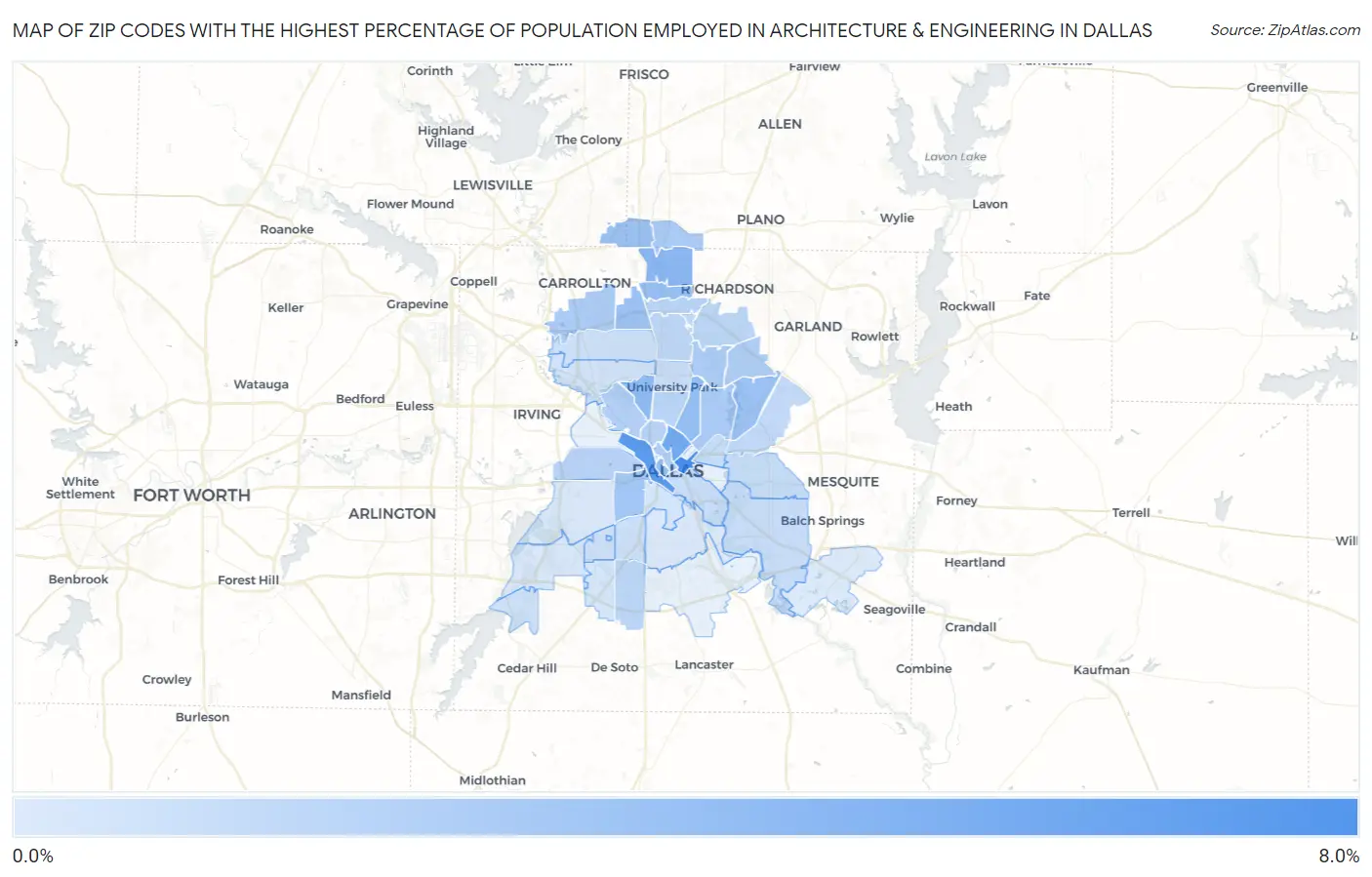 Zip Codes with the Highest Percentage of Population Employed in Architecture & Engineering in Dallas Map