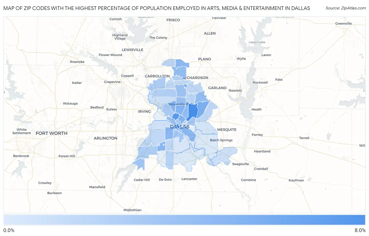 Zip Codes with the Highest Percentage of Population Employed in Arts, Media & Entertainment in Dallas Map