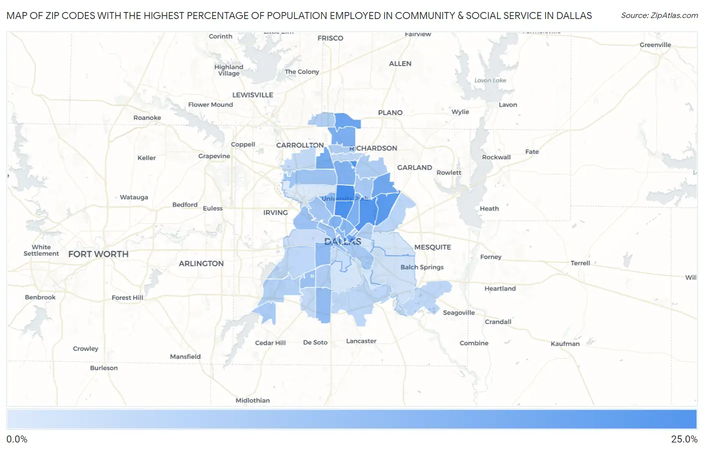 Zip Codes with the Highest Percentage of Population Employed in Community & Social Service  in Dallas Map