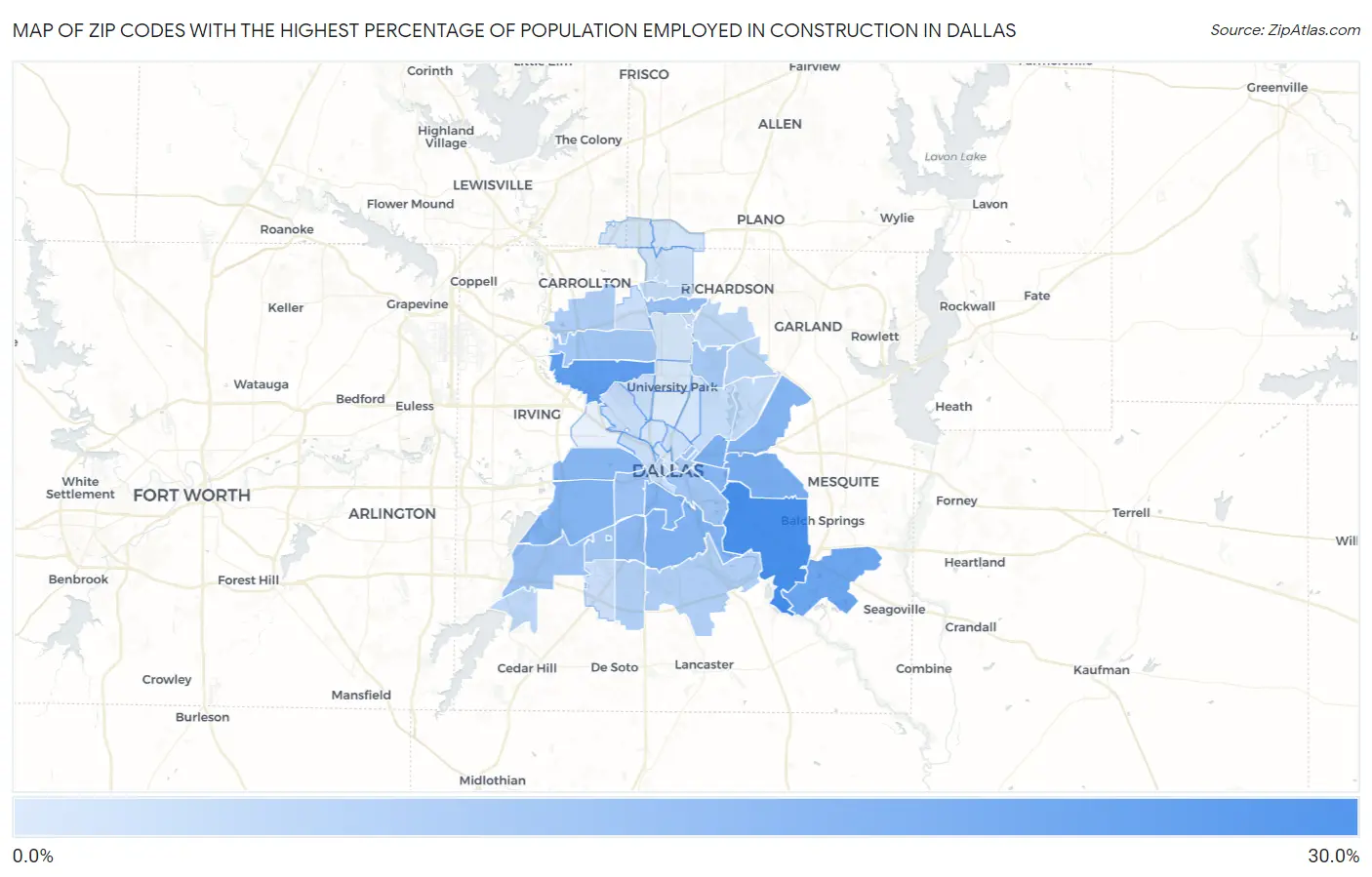 Zip Codes with the Highest Percentage of Population Employed in Construction in Dallas Map