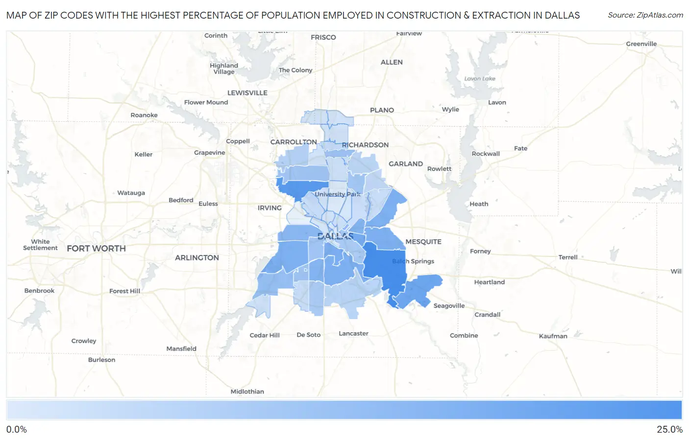 Zip Codes with the Highest Percentage of Population Employed in Construction & Extraction in Dallas Map