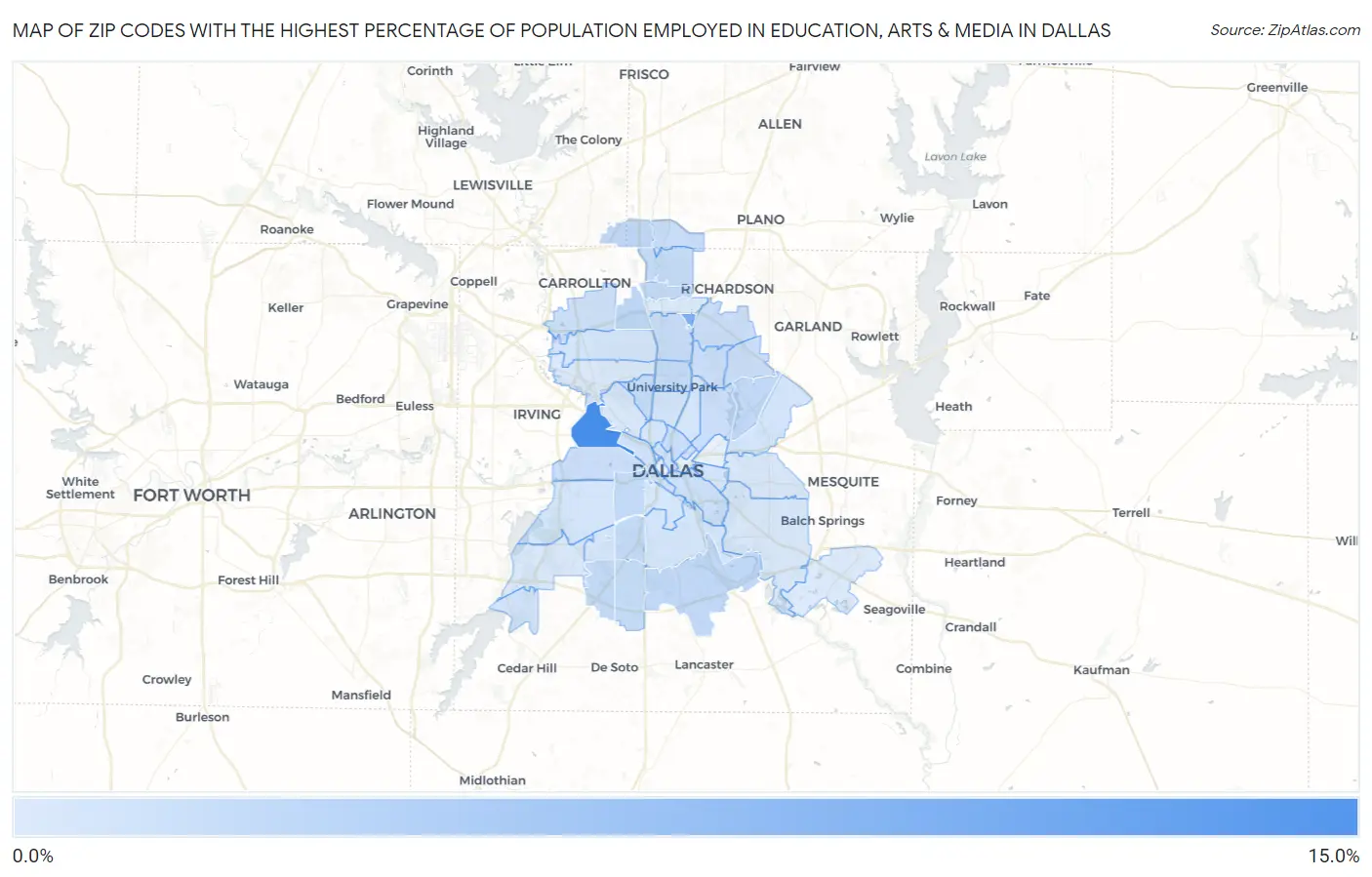 Zip Codes with the Highest Percentage of Population Employed in Education, Arts & Media in Dallas Map