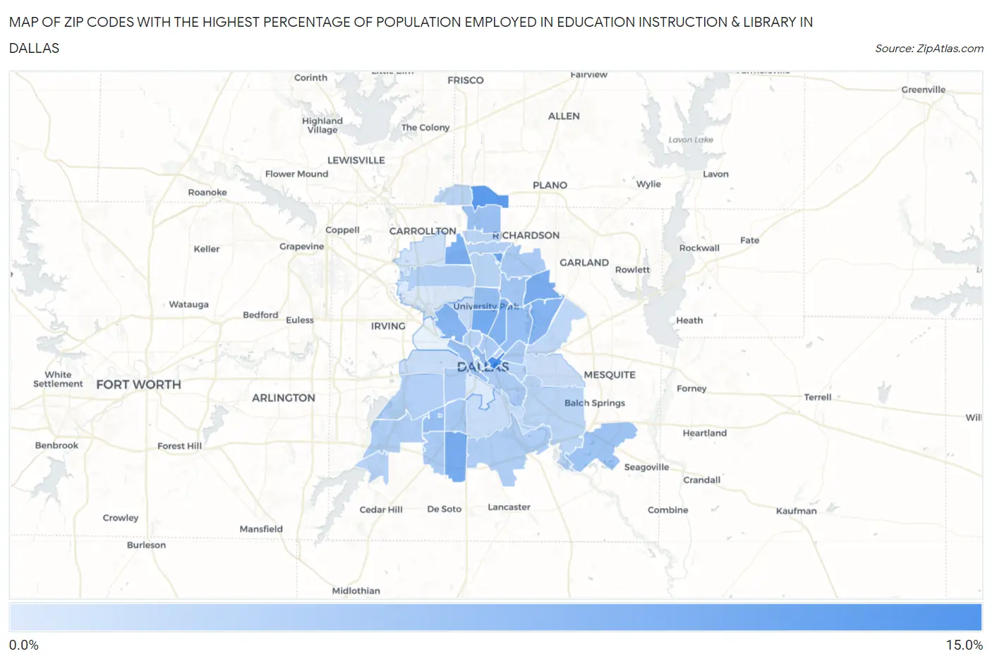 Zip Codes with the Highest Percentage of Population Employed in Education Instruction & Library in Dallas Map