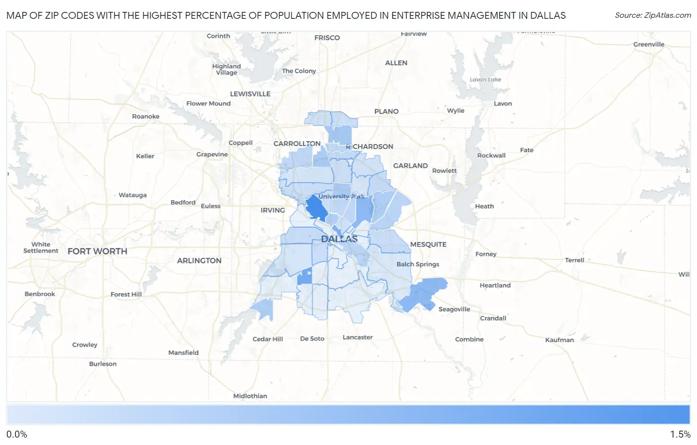 Zip Codes with the Highest Percentage of Population Employed in Enterprise Management in Dallas Map